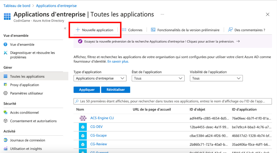 Page des demandes avec le bouton "nouvelle demande" en haut au centre de la page mis en évidence.