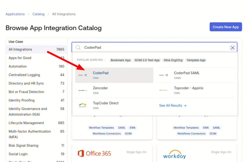 The image shows a screenshot of the "Browse App Integration Catalog" page on Okta. On the left side, there is a "Use Case" menu listing categories like All Integrations, Apps for Good, Automation, Centralized Logging, Directory and HR Sync, and more. The main section shows a search bar with the query "CoderPad" entered, and below it, search results are displayed. A red arrow points to the "CoderPad" app listed under the search results. The right side of the screen has a "Create New App" button at the top.