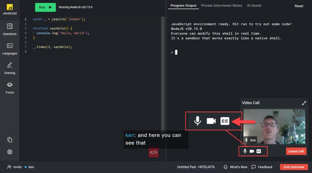 The video window is magnified and there is an arrow pointing to the "CC" button at the bottom of that video window.