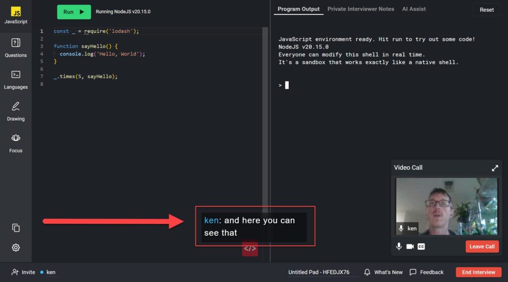 A coderpad interview is set up. The in-pad video call option is set up, and at the bottom center of the screen is a closed caption box that has the name of the speaker along with their dialogue.