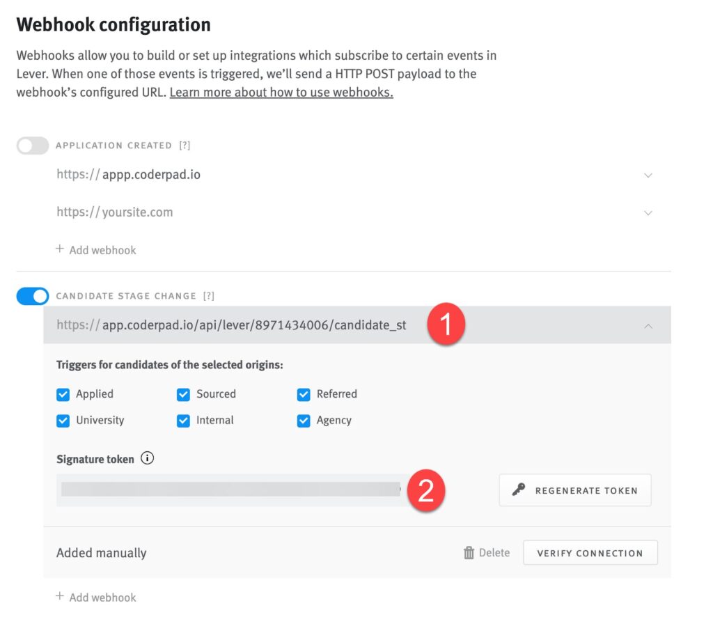 The Webhook configuration page is shown. The "candidate stage change" section is enabled, there is a "1" next to the url at the top, all the triggers for candidates of the selected origins are checked below that, and the signature token below that has a "2" next to it.