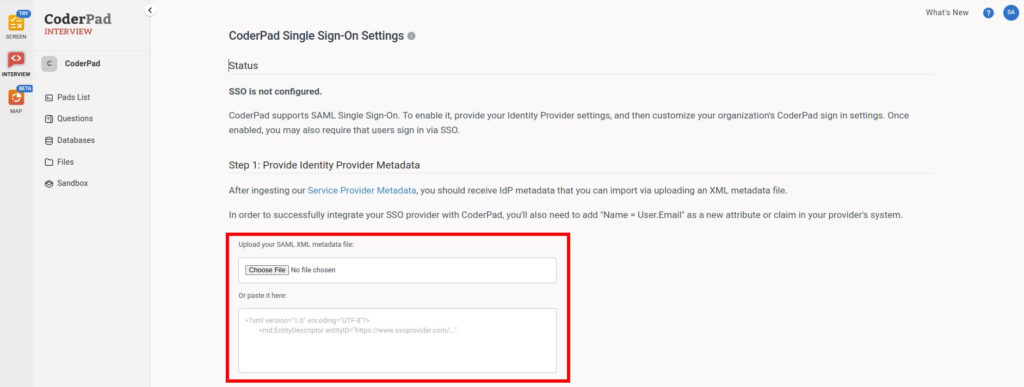 The coderpad SSO settings screen is shown with the file selection and xml text box options shown.