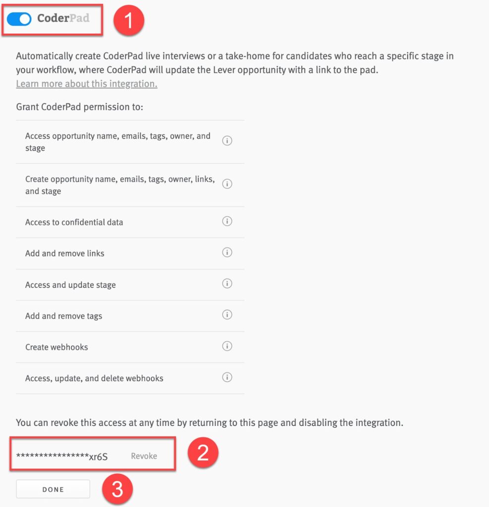 Coderpad integration section in lever. There is a "1" next to the button at the top to enable the integration, a 2 next to the API key box at the bottom, and a 3 next to the "done" button at the very bottom.