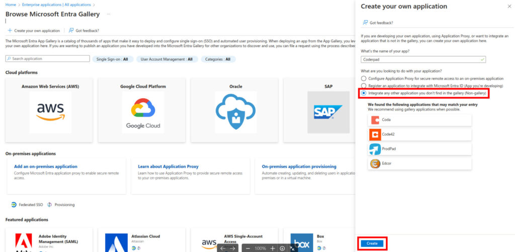 The "Create your own application" window is open. "coderpad" is entered as the name of the application and the "integrate any other application you don't find in the gallery) option is selected. The create button at the bottom is highlighted. 