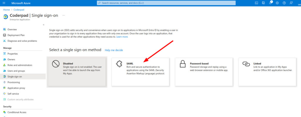 The single sign on screen is shown with the SAML card highlighted.