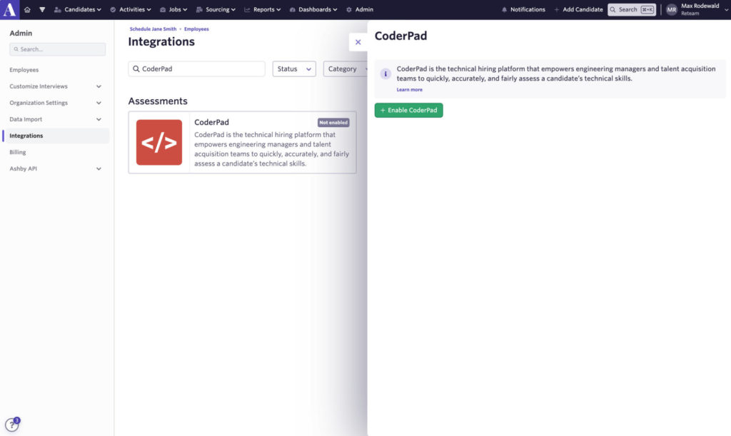 AShby dashboard with the integrations left nav menu item selected. The coderpad option is shown on the integrations page.