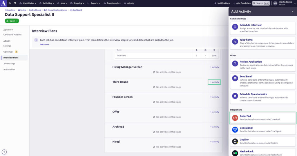 A job window is opened in Ashby with the "Add activity" pop-out window shown on the right. The "coderpad" option is highlighted under "integrations".