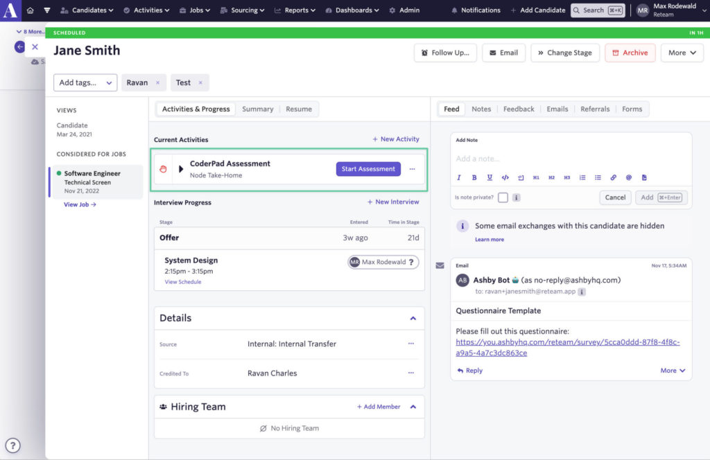 A candidate window is shown with the "coderpad assessment" block shown under "current activities".
