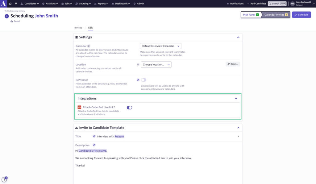 The scheduling page is open for a candidate. The integrations section with "attach coderpad live link?" section is highlighted.