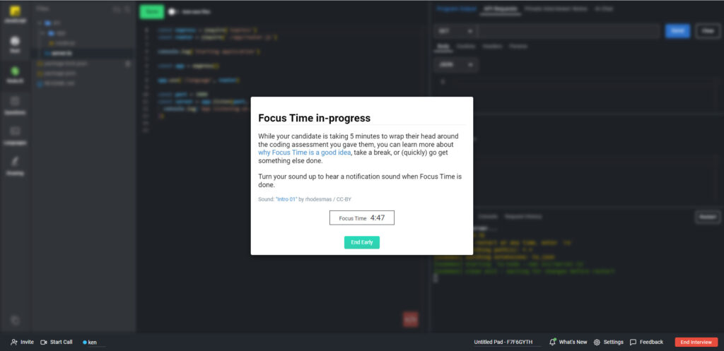 Focus time is shown for interviewer -- timer in the center of the screen while the pad itself is blurred.