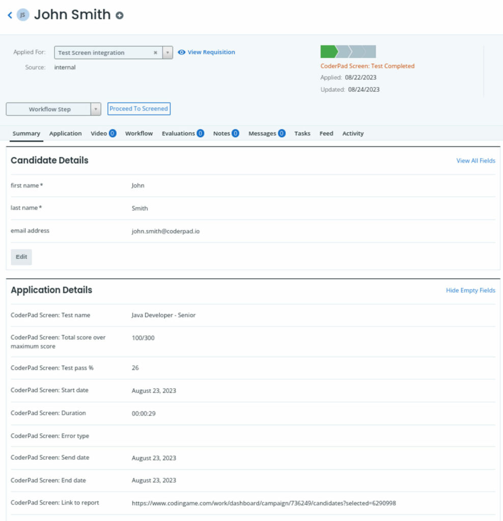 The candidate screen is shown with the status "coderpad screen: test completed" status is shown. the "application details" section is also shown.