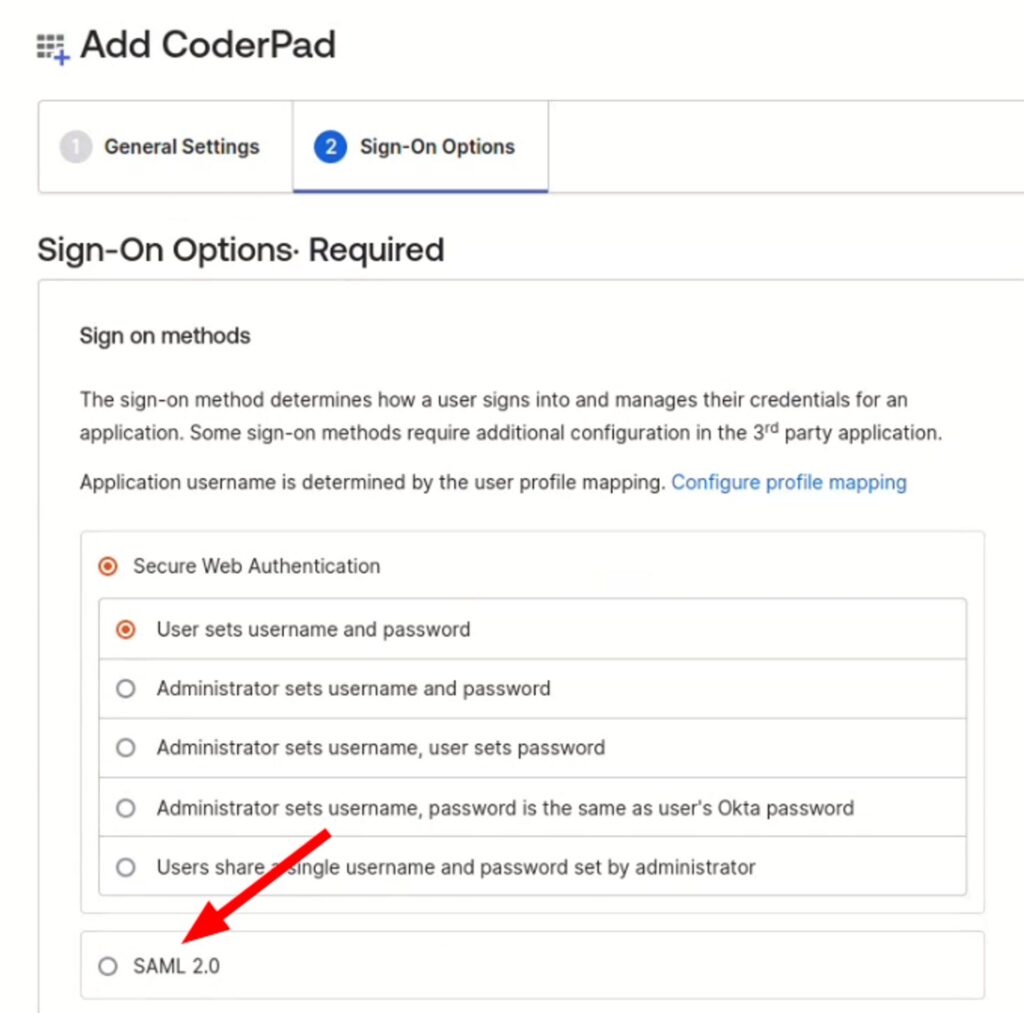 The image shows a screenshot of the "Add CoderPad" page in Okta, specifically in the "Sign-On Options" tab. The section is titled "Sign-On Options: Required." It explains that the sign-on method determines how a user signs in and manages their credentials for an application. Several sign-on methods are listed under "Secure Web Authentication," including "User sets username and password," "Administrator sets username and password," and others. A red arrow points to the "SAML 2.0" option at the bottom of the list. The page includes additional instructions for configuring profile mapping.