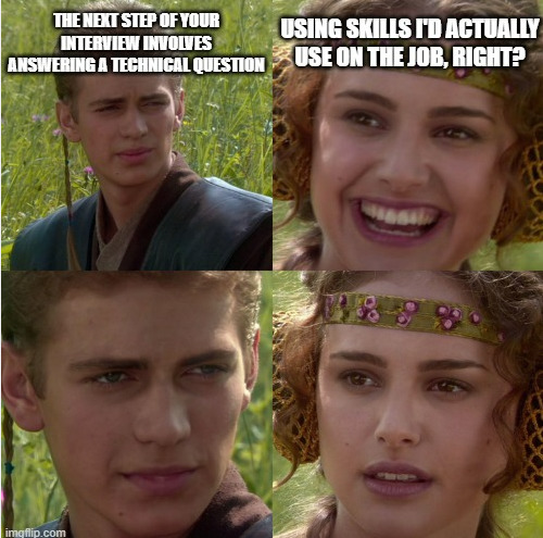 deux personnes, l'une dit "la prochaine étape de l'entretien consiste à répondre à une question technique". l'autre dit "utiliser des compétences que j'utiliserais réellement dans le cadre du travail, n'est-ce pas ?". L'autre personne a le regard vide. La deuxième personne regarde, incrédule.