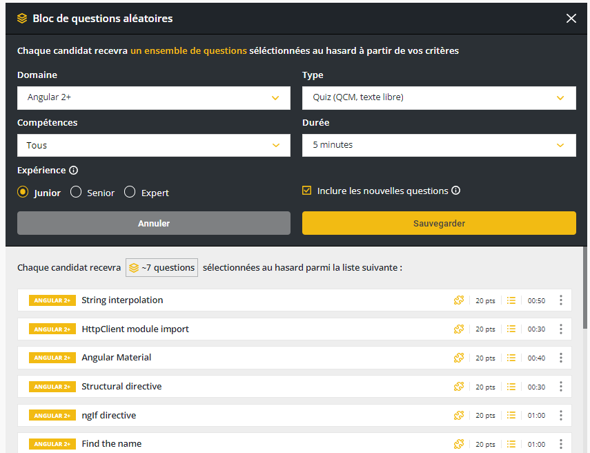 Une capture d'écran de la fenêtre "ensemble de questions aléatoires" avec les options Domaine, Type, Compétences, Durée et Expérience affichées.