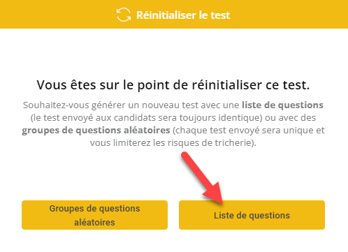La fenêtre de rafraîchissement de votre test, avec une flèche dirigée vers le bouton Liste des questions.