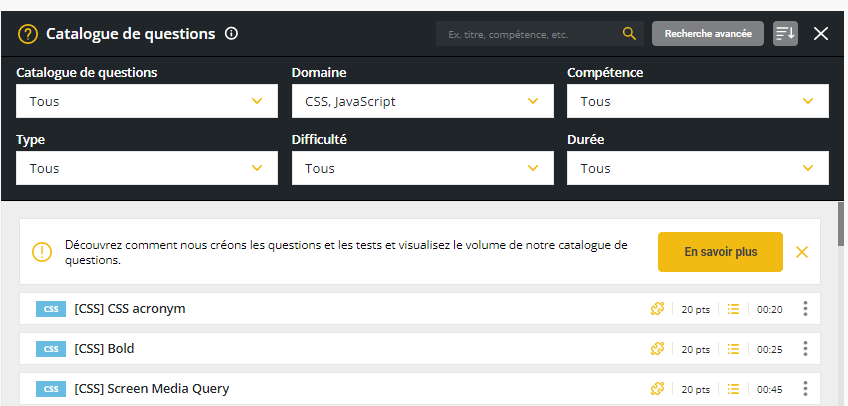 Fenêtre de la banque de questions affichant la banque de questions, le domaine, la compétence, le type, la difficulté et la durée des éléments.