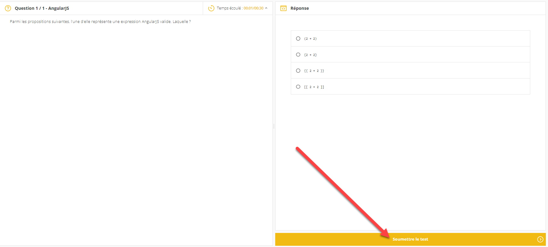 Un écran d'édition de question avec une flèche rouge pointant vers le bouton "soumettre".