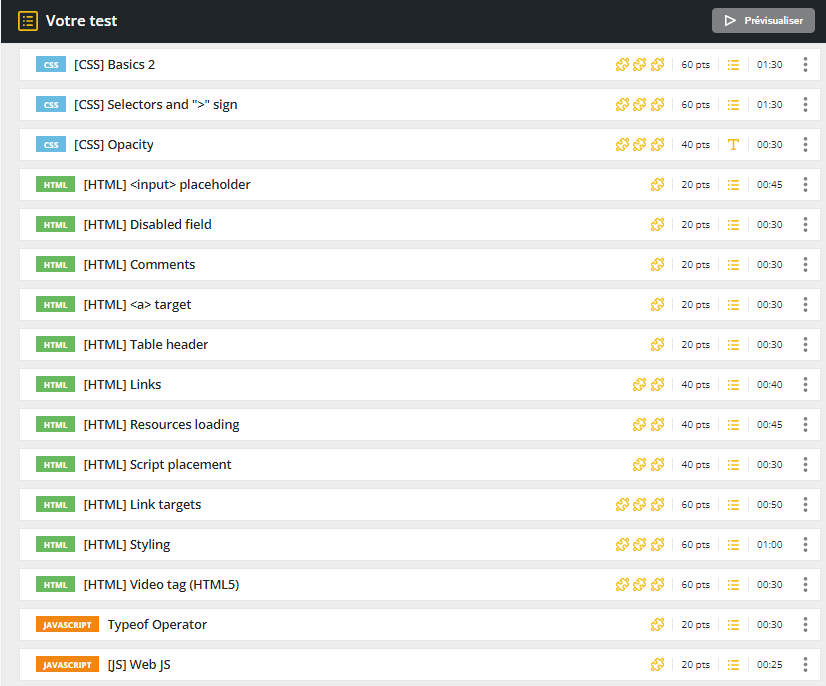 Liste de tests, sur le HTML, un CSS, et deux Javascript. Le niveau de difficulté et la durée de chaque test sont indiqués sur la droite.