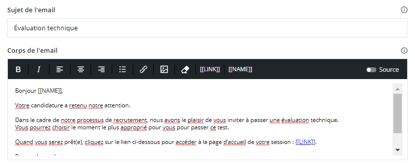 L'onglet de personnalisation est ouvert avec le modèle d'email affiché - l'objet et le corps de l'email sont ouverts avec le texte du modèle rempli.