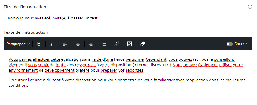 Le modèle d'écran d'introduction est ouvert avec les champs de titre et de texte d'introduction affichés.