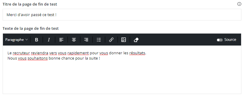 Le modèle d'écran de page de fin est ouvert avec les champs de titre de page de fin et de texte de page de fin affichés.