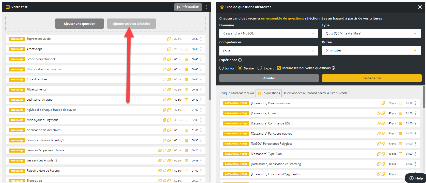 Personnalisez la page de test avec une flèche dirigée vers le bouton "Ajouter un bloc aléatoire" dans la modale "Votre test" et la modale "Ensemble de questions aléatoires" à droite.