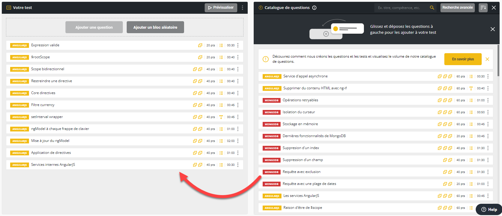 La fenêtre Votre test à gauche et la banque de questions à droite, avec une flèche partant d'une question Java à droite pour montrer comment glisser vers Votre test à gauche.