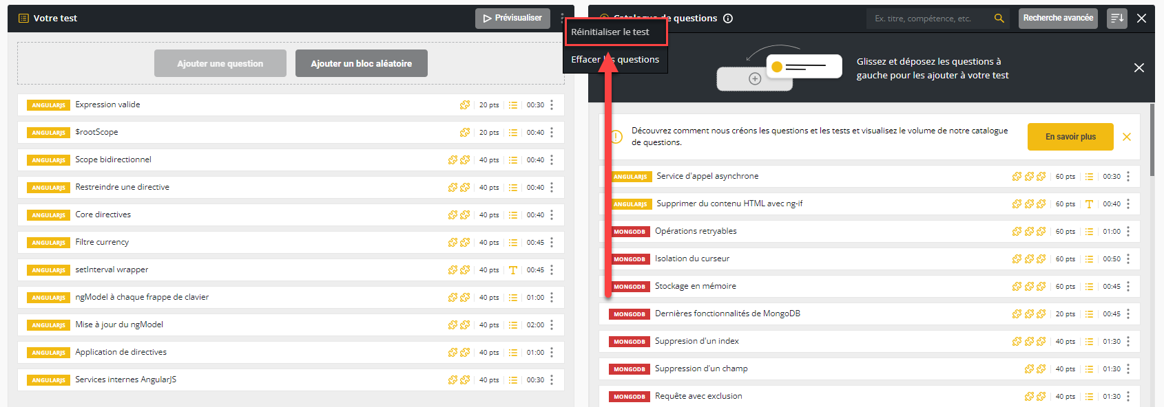 Une flèche pointant vers les ellipses verticales en haut à droite de la fenêtre de votre test et un cadre rouge entourant l'élément de menu "rafraîchir votre test".