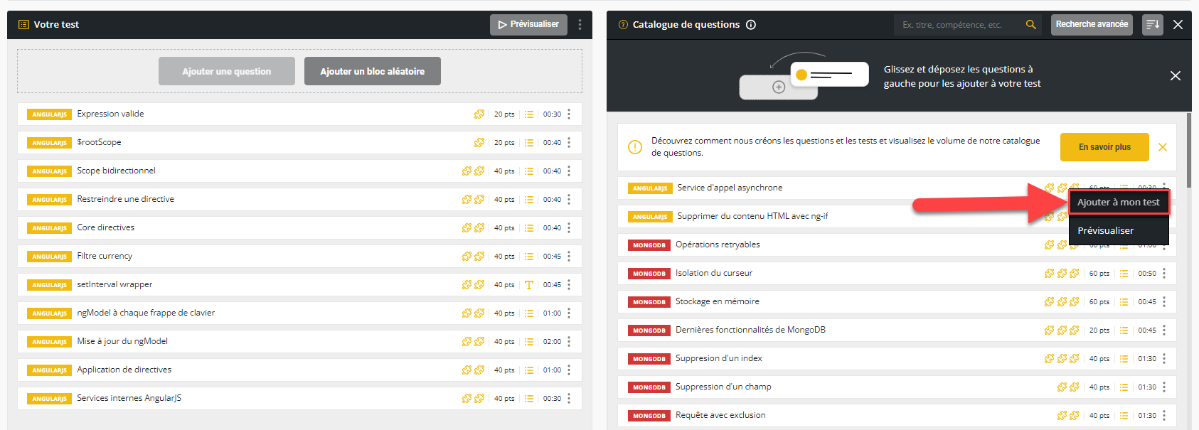 La fenêtre de la banque de questions s'ouvre avec une flèche pointant vers les ellipses verticales, puis un cadre autour de l'option "ajouter à mon test".