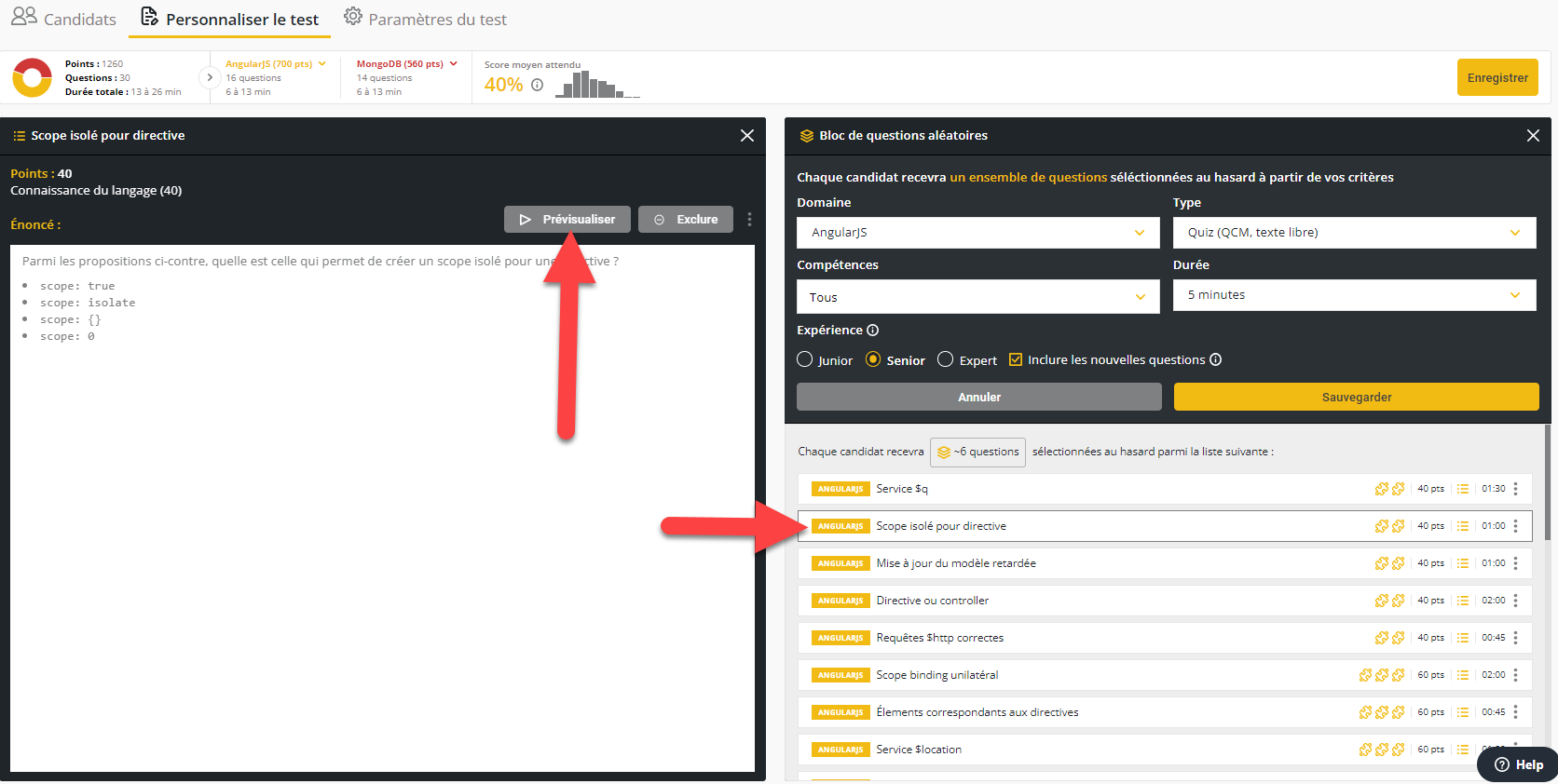 Une question sélectionnée et ouverte dans une fenêtre de question avec une flèche rouge pointant vers le bouton Aperçu.