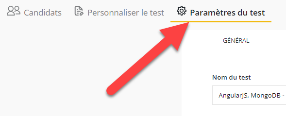 Capture d'écran du tableau de bord de l'écran avec une flèche pointant vers les paramètres de test.