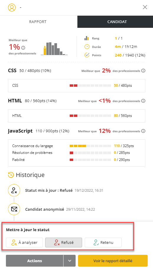 L'écran des résultats du candidat s'affiche avec l'option "mettre à jour le statut" en bas de l'écran.
