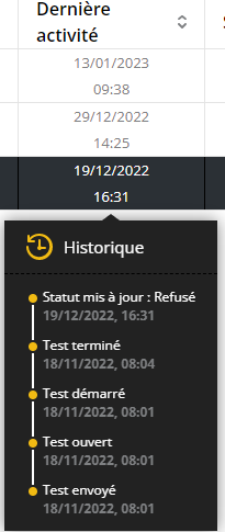 L'historique des tests du candidat s'affiche, en commençant par le test commencé, puis le test ouvert, et enfin le test envoyé.