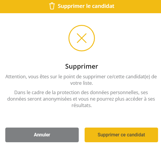 La page de suppression du candidat s'affiche avec un avertissement de suppression au milieu et un bouton "Annuler" et "supprimer ce candidat" en dessous.