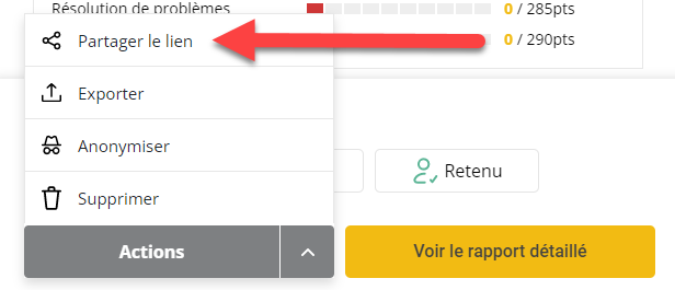 Le menu du bouton d'actions a été cliqué et la liste des menus est déplacée. L'élément de menu "Lien de partage" a une flèche rouge pointant vers lui.