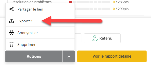 Liste du menu d'actions affichée avec une flèche pointant vers l'élément de menu d'exportation.