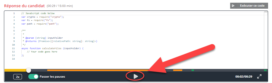 L'écran de lecture avec le code du candidat en haut et un symbole "lecture" en surbrillance en bas.