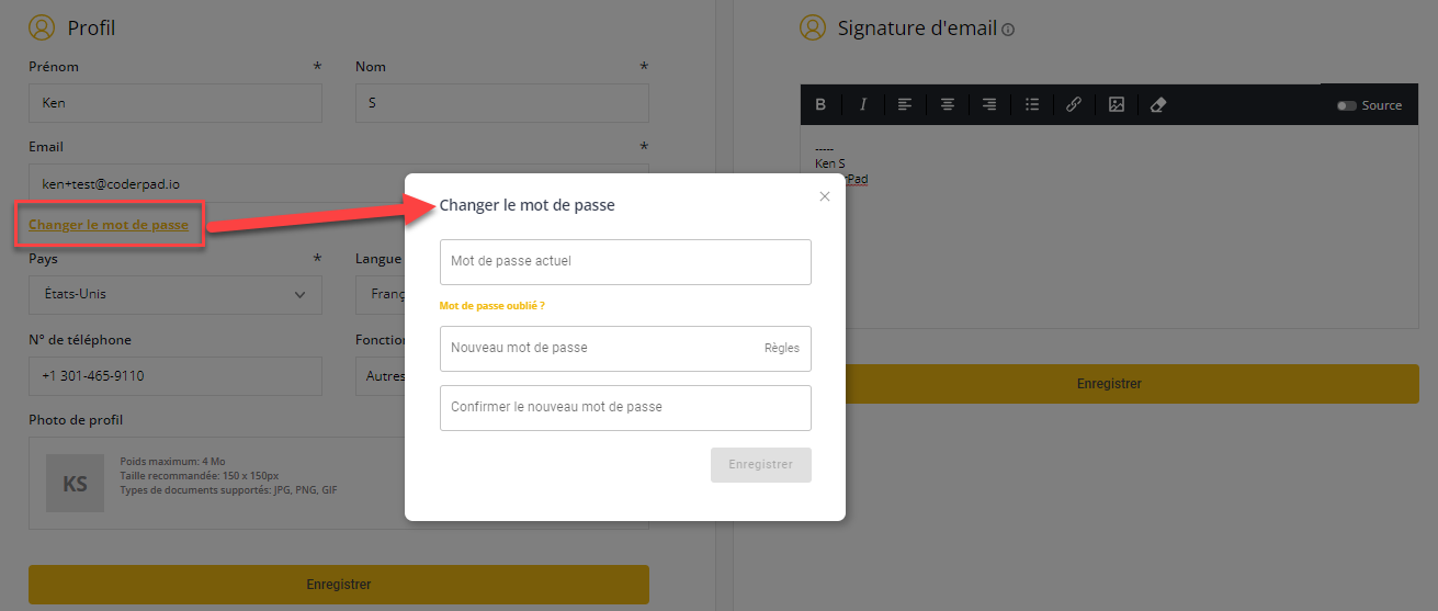La fenêtre popup de changement de mot de passe s'affiche.