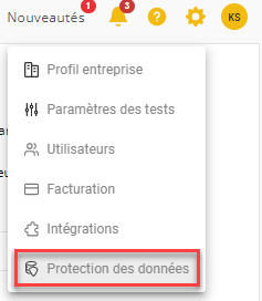 Le menu des paramètres est affiché avec l'élément de protection des données en surbrillance.