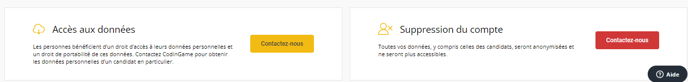 Les sections relatives à l'accès aux données et à la suppression du compte, qui comportent toutes deux un bouton permettant de contacter l'assistance clientèle.