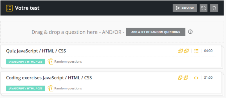 Une liste de deux tests qui sont tous deux des tests combinés Javascript/HTML et CSS, comme indiqué par une boîte verte avec ces étiquettes.