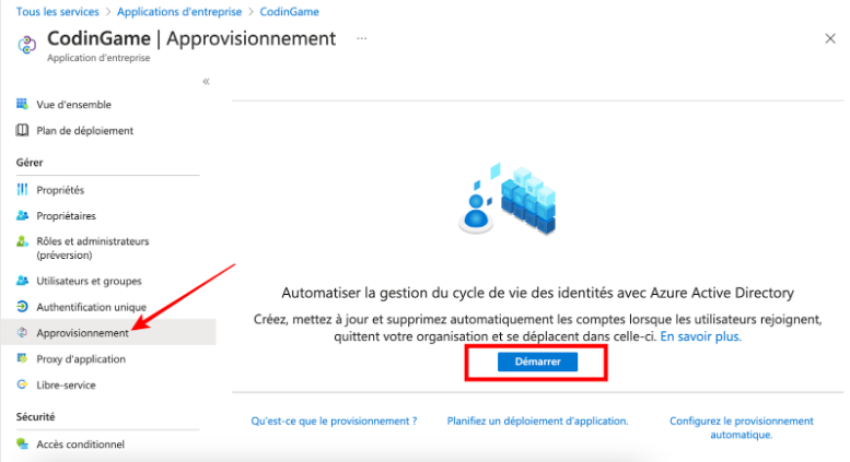 La page de provisionnement de CodinGame est représentée avec une flèche pointant vers l'option de provisionnement dans la nef de gauche. Le bouton "get started" au centre de la page est mis en évidence.