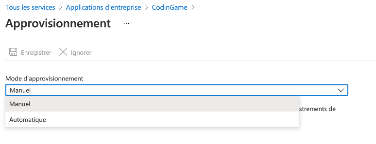 Le menu déroulant du mode de provisionnement est affiché avec une flèche pointant vers l'option "automatique".