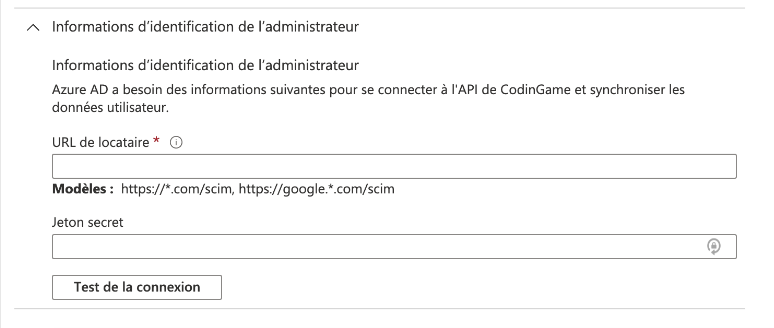 Page d'identification de l'administrateur avec l'url du locataire et les champs de saisie du jeton secret affichés.