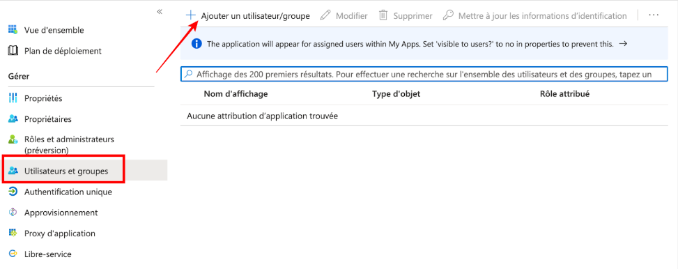 La page "utilisateurs et groupes" est affichée avec une flèche pointant vers le lien "utilisateurs et groupes" dans le menu de gauche. En haut au centre de l'écran, le bouton "Ajouter un utilisateur/groupe" est mis en évidence.