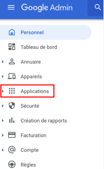 Dans la nef de gauche, l'élément de menu "apps" est mis en évidence.