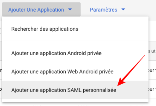 Le menu "add app" a été élargi et l'élément de menu "add custom SAML app" est mis en évidence.