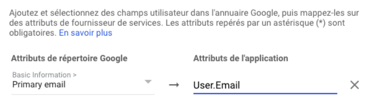 Un mappage de l'email primaire à User.email.