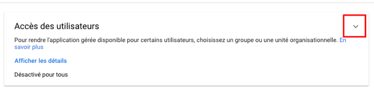 Page d'accès utilisateur avec la flèche d'expansion en surbrillance.