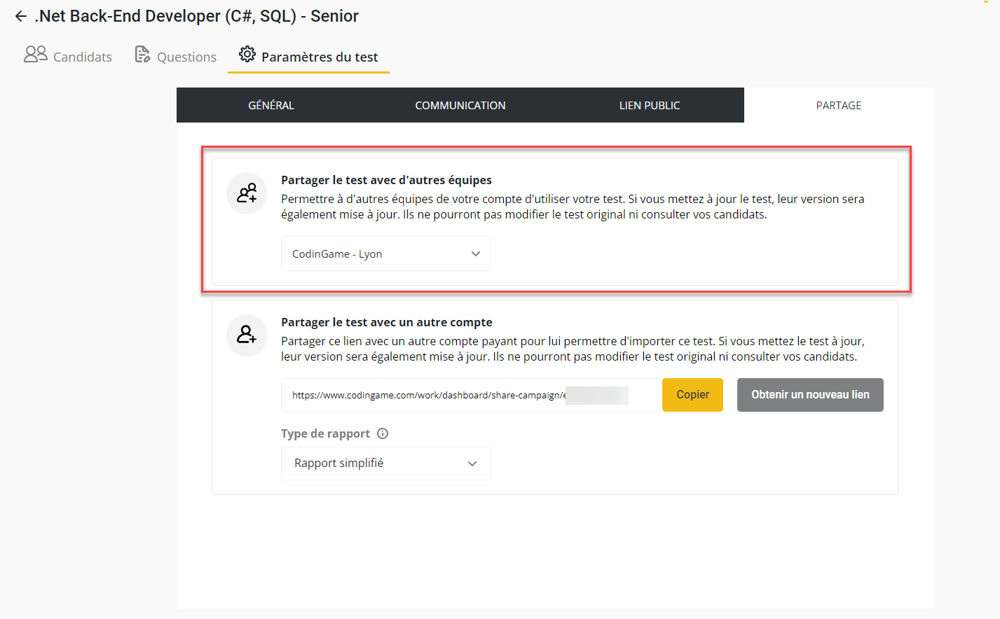 Une capture d'écran de l'onglet Partage ouvert sous les paramètres du test. La section "partager un test avec d'autres équipes" est mise en évidence.